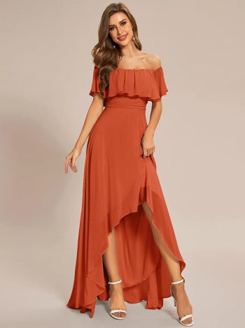 Elegant Chiffon High-Low Off The Shoulder Bridesmaid Dress - Burnt Orange