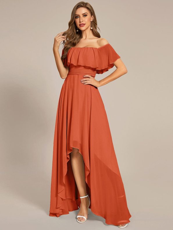 Elegant Chiffon High-Low Off The Shoulder Bridesmaid Dress - Burnt Orange