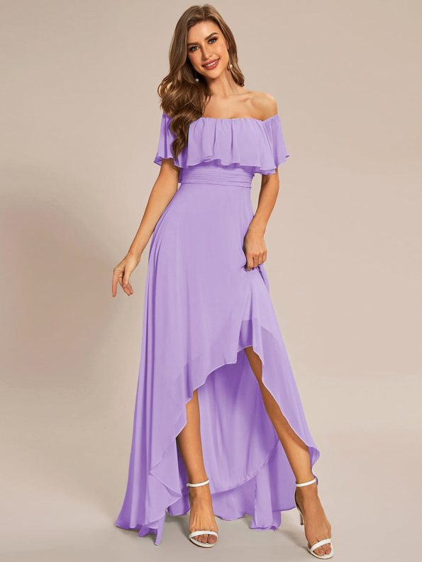 Elegant Chiffon High-Low Off The Shoulder Bridesmaid Dress - Lavender