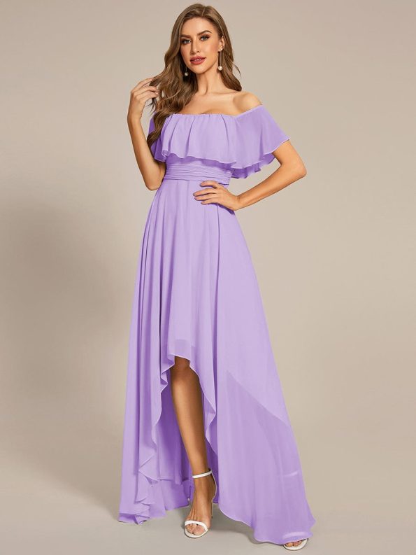 Elegant Chiffon High-Low Off The Shoulder Bridesmaid Dress - Lavender