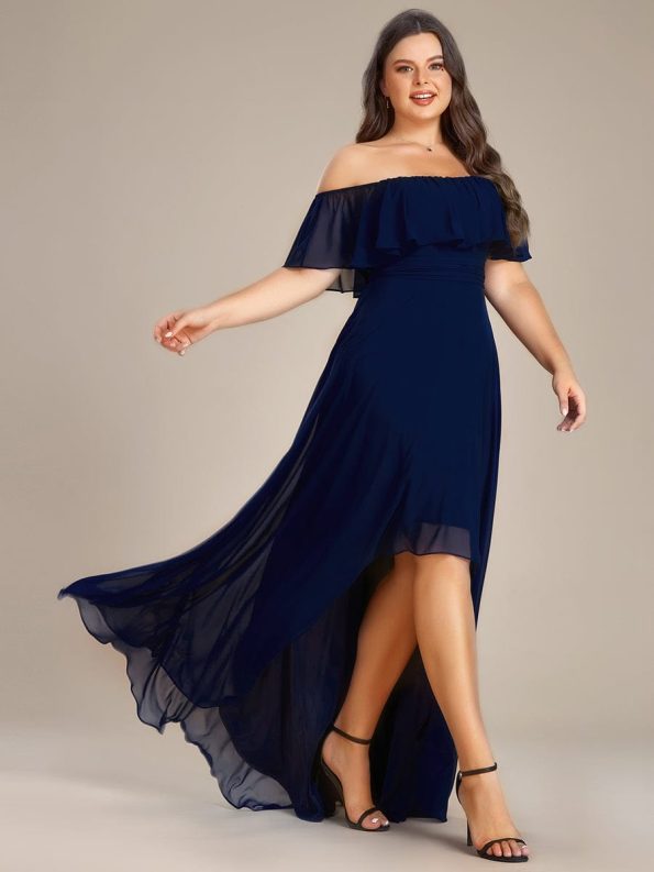 Elegant Chiffon High-Low Off The Shoulder Bridesmaid Dress - Navy Blue