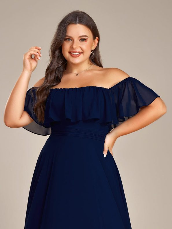 Elegant Chiffon High-Low Off The Shoulder Bridesmaid Dress - Navy Blue