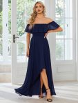 Elegant Chiffon High-Low Off The Shoulder Bridesmaid Dress – Navy Blue