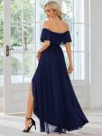 Elegant Chiffon High-Low Off The Shoulder Bridesmaid Dress – Navy Blue