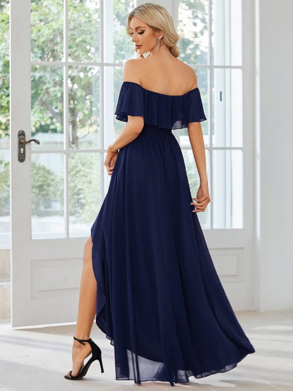 Elegant Chiffon High-Low Off The Shoulder Bridesmaid Dress - Navy Blue