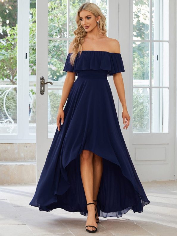 Elegant Chiffon High-Low Off The Shoulder Bridesmaid Dress - Navy Blue