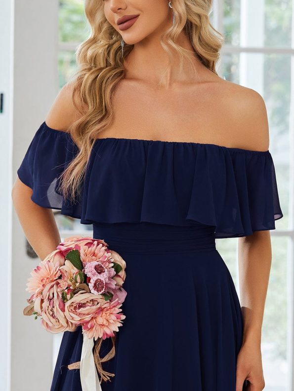 Elegant Chiffon High-Low Off The Shoulder Bridesmaid Dress - Navy Blue