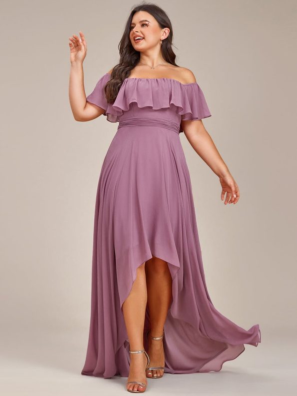 Elegant Chiffon High-Low Off The Shoulder Bridesmaid Dress - Purple Orchid