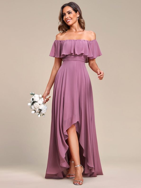 Elegant Chiffon High-Low Off The Shoulder Bridesmaid Dress - Purple Orchid