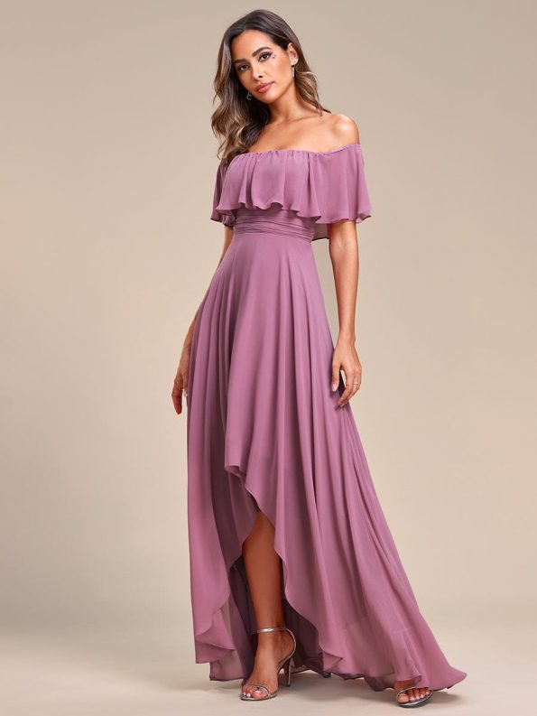 Elegant Chiffon High-Low Off The Shoulder Bridesmaid Dress - Purple Orchid