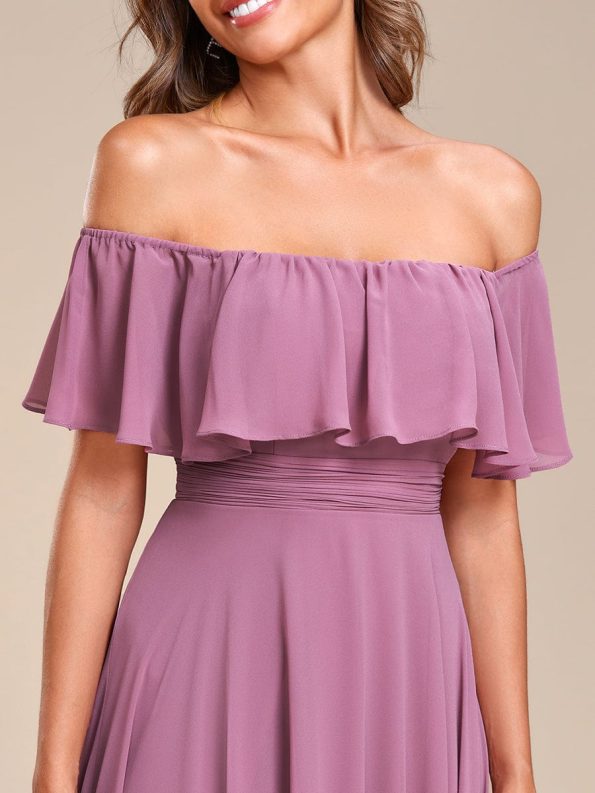 Elegant Chiffon High-Low Off The Shoulder Bridesmaid Dress - Purple Orchid