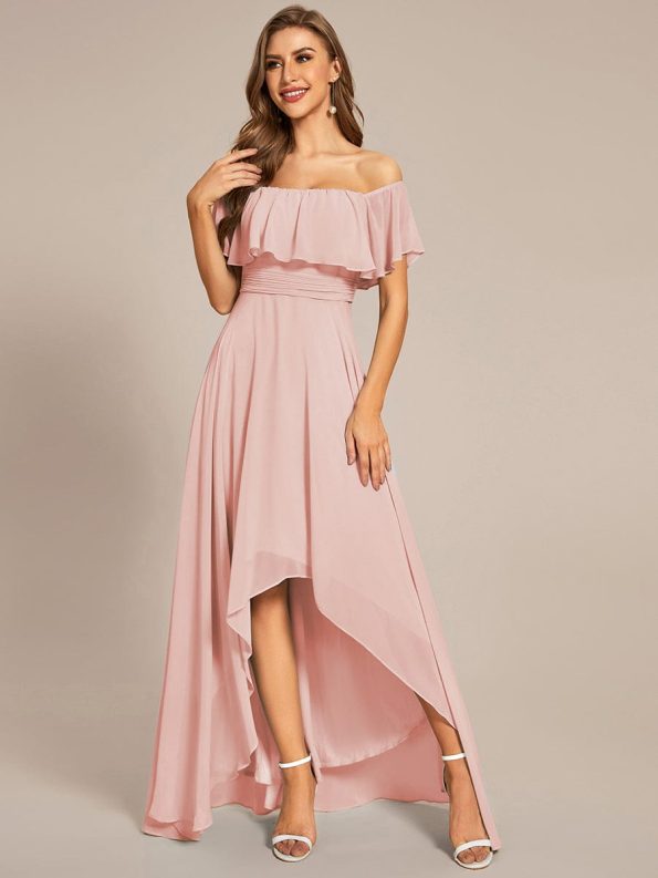 Elegant Chiffon High-Low Off The Shoulder Bridesmaid Dress - Pink