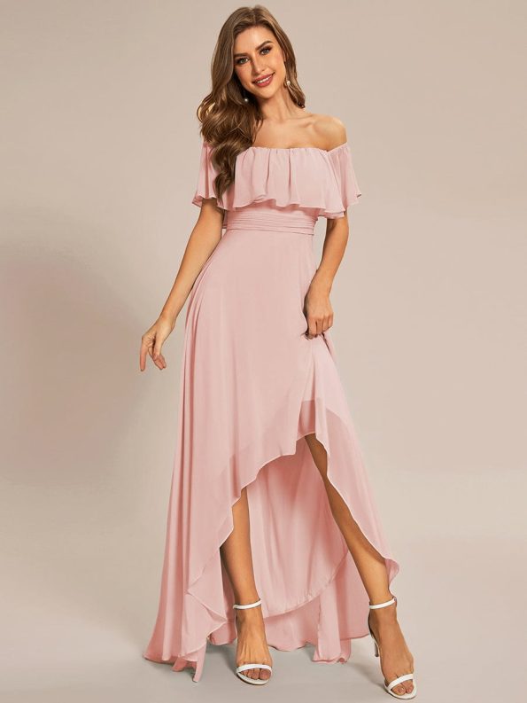 Elegant Chiffon High-Low Off The Shoulder Bridesmaid Dress - Pink