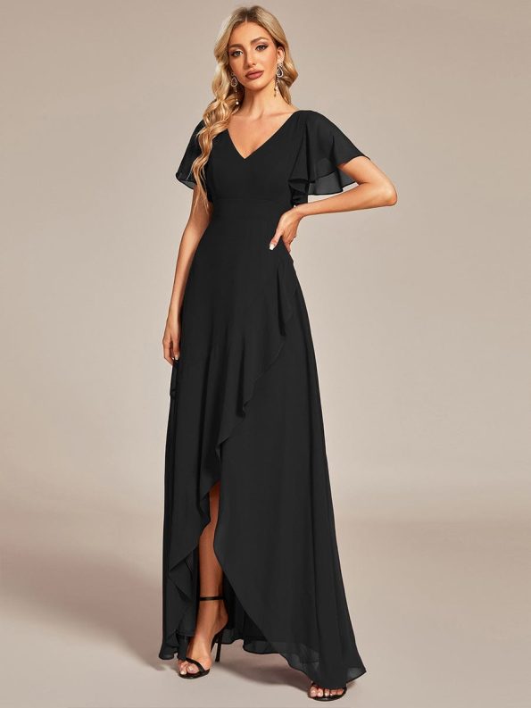 Charming Chiffon Bridesmaid Dress with Lotus Leaf Hemline - Black