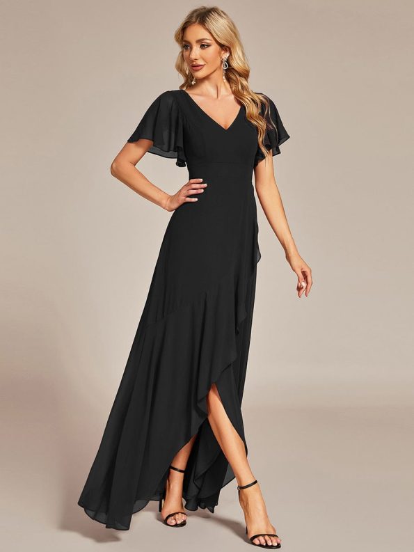 Charming Chiffon Bridesmaid Dress with Lotus Leaf Hemline - Black