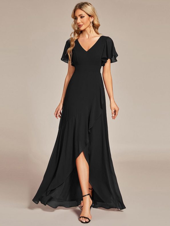 Charming Chiffon Bridesmaid Dress with Lotus Leaf Hemline - Black