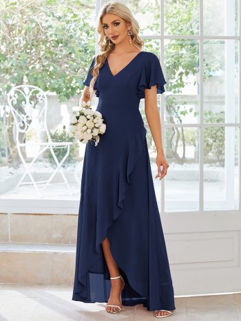 Charming Chiffon Bridesmaid Dress with Lotus Leaf Hemline - Navy Blue