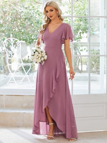 Charming Chiffon Bridesmaid Dress with Lotus Leaf Hemline - Purple Orchid