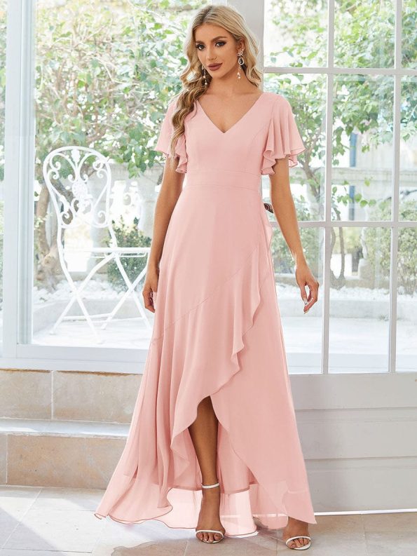 Charming Chiffon Bridesmaid Dress with Lotus Leaf Hemline - Pink