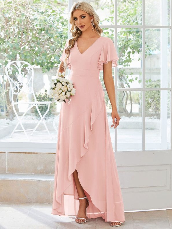 Charming Chiffon Bridesmaid Dress with Lotus Leaf Hemline - Pink