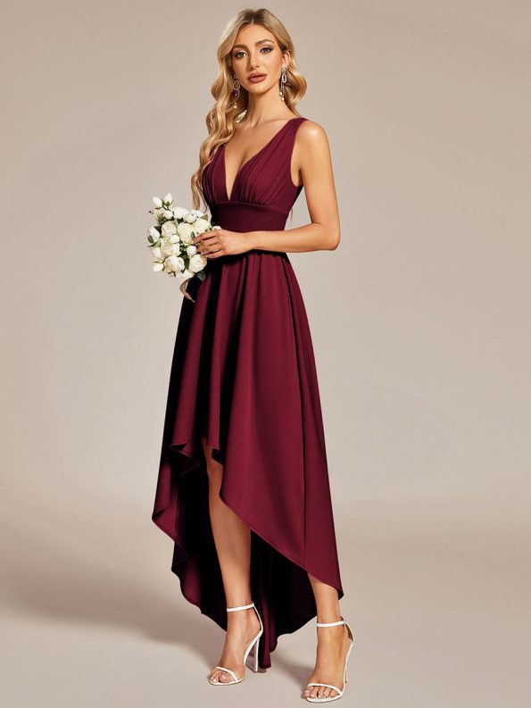 Elegant High-Low Sleeveless Empire Waist Bridesmaid Dress - Burgundy