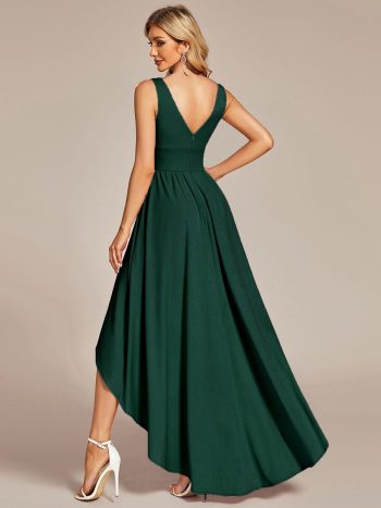 Elegant High-Low Sleeveless Empire Waist Bridesmaid Dress - Dark Green