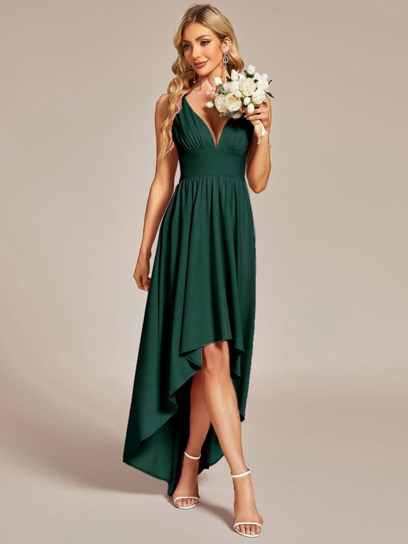 Elegant High-Low Sleeveless Empire Waist Bridesmaid Dress - Dark Green