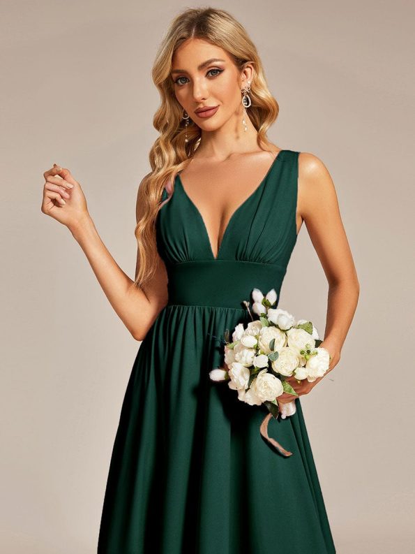 Elegant High-Low Sleeveless Empire Waist Bridesmaid Dress - Dark Green