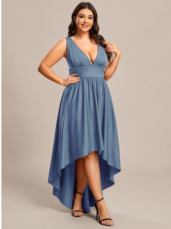 Deep V-Neck High-Low Sleeveless A-Line Wedding Guest Dress - Dusty Navy