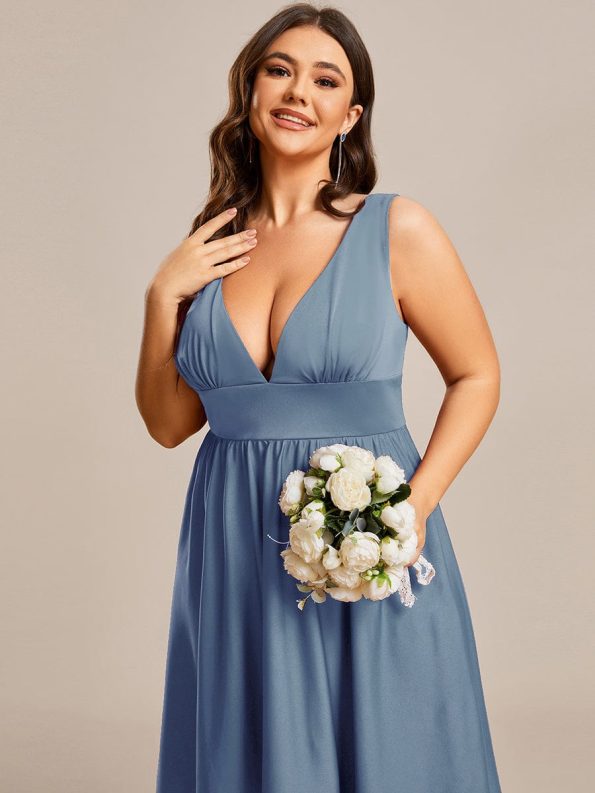 Deep V-Neck High-Low Sleeveless A-Line Wedding Guest Dress - Dusty Navy