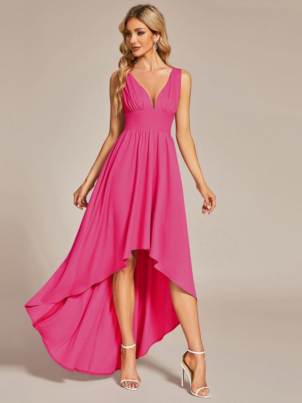 Elegant High-Low Sleeveless Empire Waist Bridesmaid Dress - Hot Pink