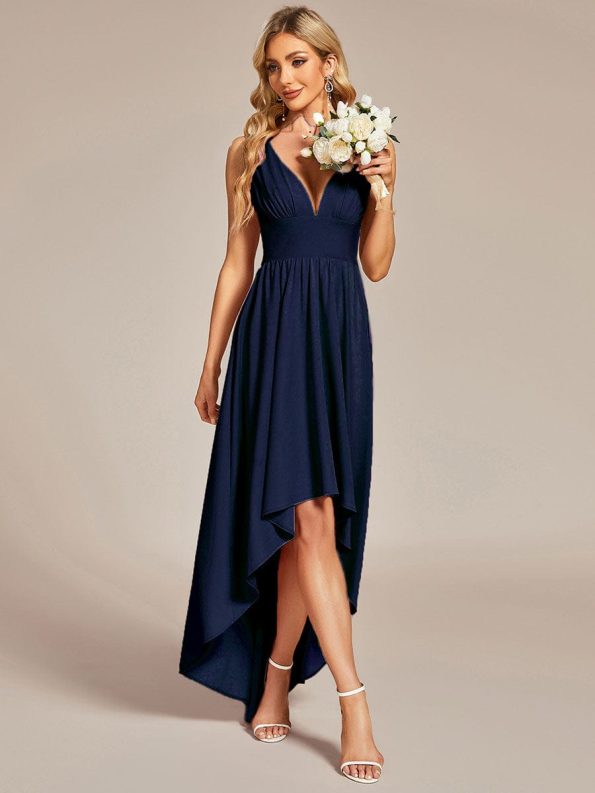 Elegant High-Low Sleeveless Empire Waist Bridesmaid Dress - Navy Blue