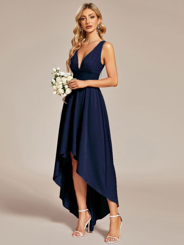 Elegant High-Low Sleeveless Empire Waist Bridesmaid Dress - Navy Blue