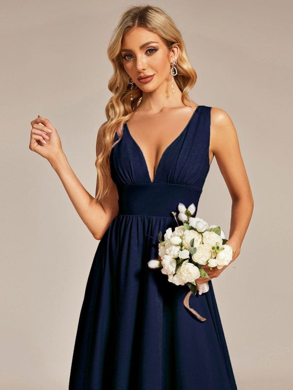 Elegant High-Low Sleeveless Empire Waist Bridesmaid Dress - Navy Blue