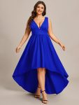 Deep V-Neck High-Low Sleeveless A-Line Wedding Guest Dress – Sapphire Blue