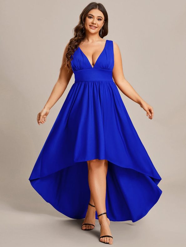 Deep V-Neck High-Low Sleeveless A-Line Wedding Guest Dress - Sapphire Blue