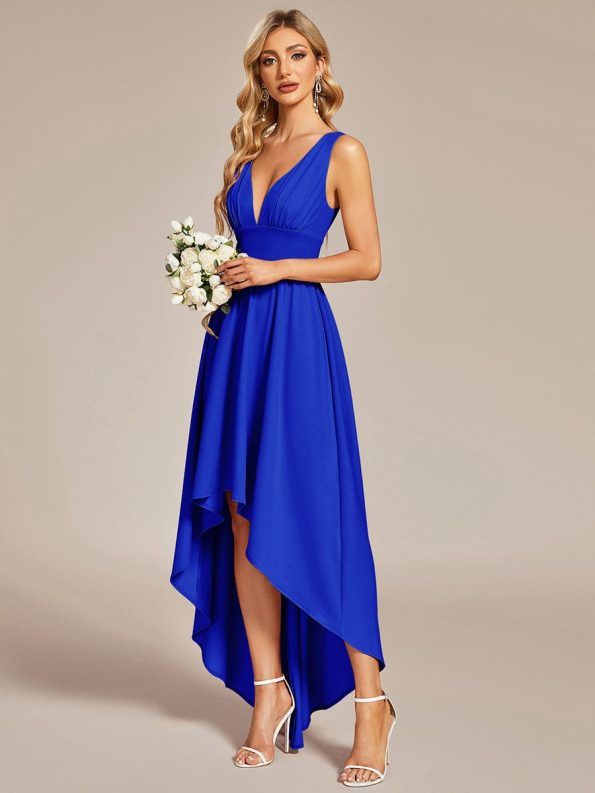 Deep V-Neck High-Low Sleeveless A-Line Wedding Guest Dress - Sapphire Blue