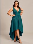 Deep V-Neck High-Low Sleeveless A-Line Wedding Guest Dress – Teal