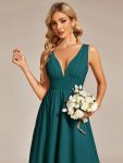 Deep V-Neck High-Low Sleeveless A-Line Wedding Guest Dress – Teal