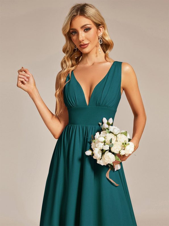 Deep V-Neck High-Low Sleeveless A-Line Wedding Guest Dress - Teal