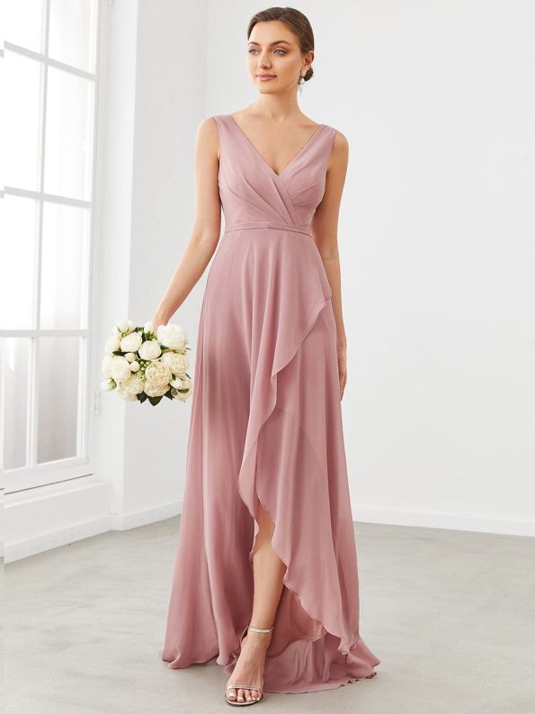 Chiffon Ruffled Hem Front Slit V-Neck Sleeveless Bridesmaid Dress - Dusty Rose