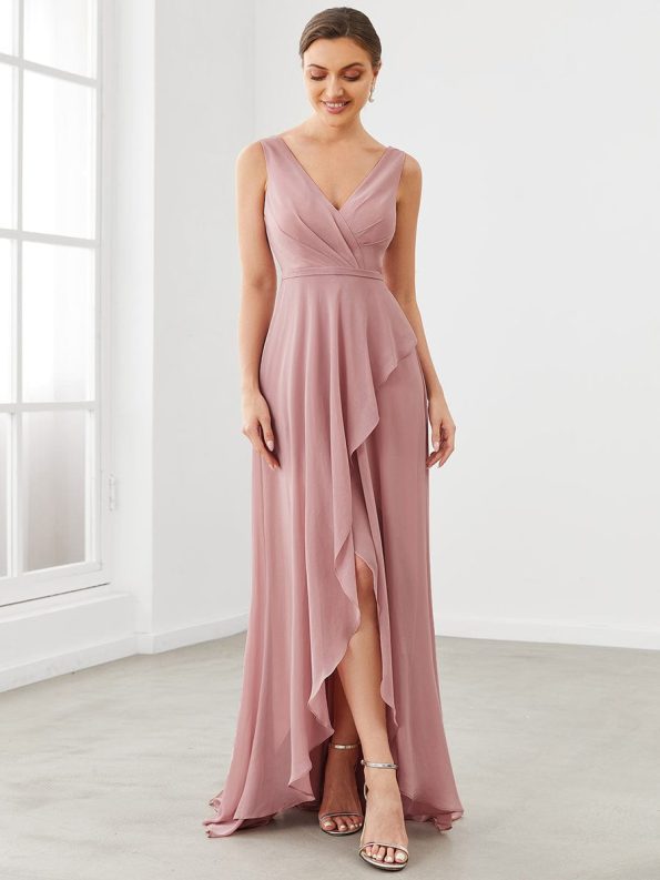 Chiffon Ruffled Hem Front Slit V-Neck Sleeveless Bridesmaid Dress - Dusty Rose