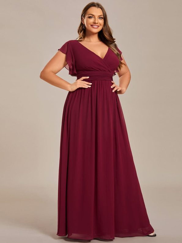 Back Cutout A-Line Pleated Ruffles Sleeve Chiffon Bridesmaid Dress - Burgundy