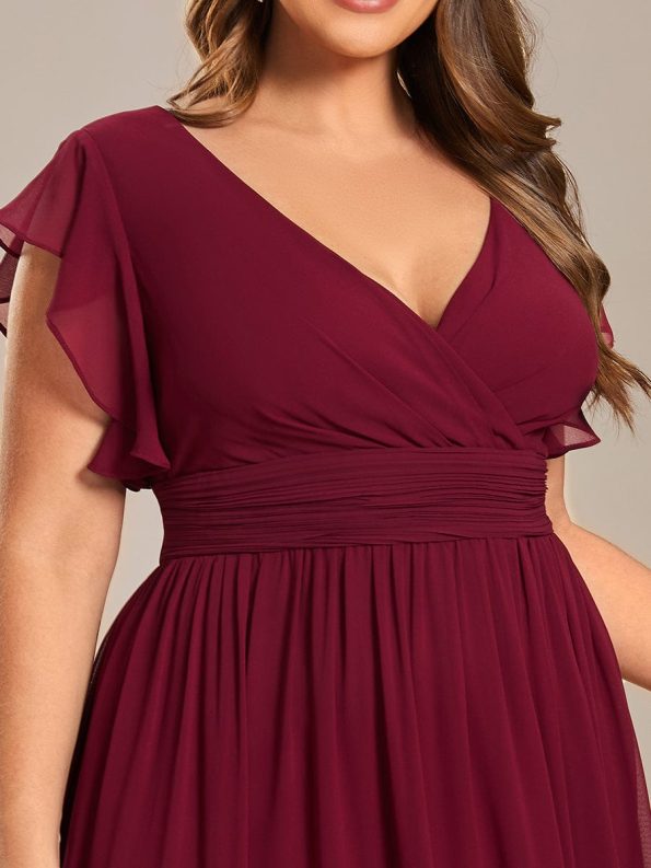 Back Cutout A-Line Pleated Ruffles Sleeve Chiffon Bridesmaid Dress - Burgundy