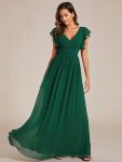 Back Cutout A-Line Pleated Ruffles Sleeve Chiffon Bridesmaid Dress – Dark Green