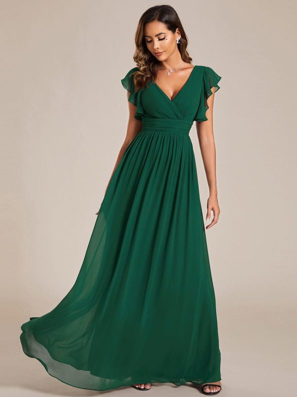 Back Cutout A-Line Pleated Ruffles Sleeve Chiffon Bridesmaid Dress - Dark Green