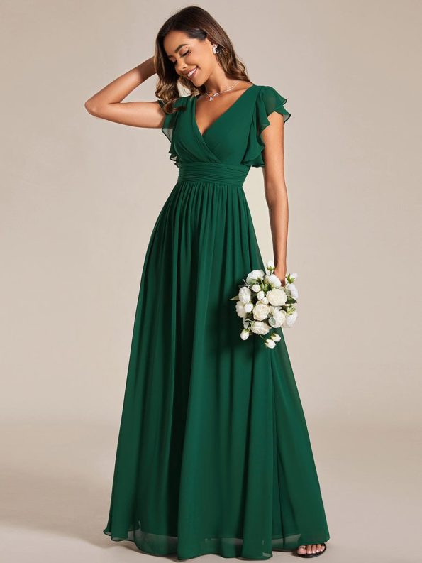 Back Cutout A-Line Pleated Ruffles Sleeve Chiffon Bridesmaid Dress - Dark Green