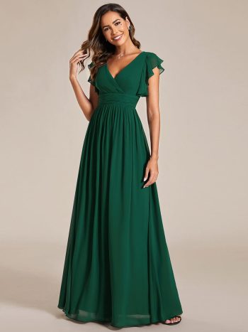 Back Cutout A-Line Pleated Ruffles Sleeve Chiffon Bridesmaid Dress - Dark Green