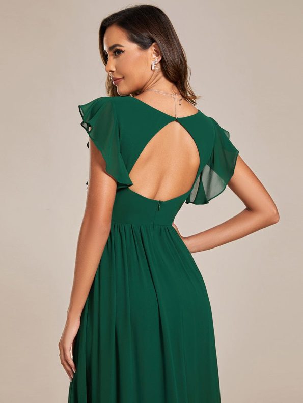 Back Cutout A-Line Pleated Ruffles Sleeve Chiffon Bridesmaid Dress - Dark Green