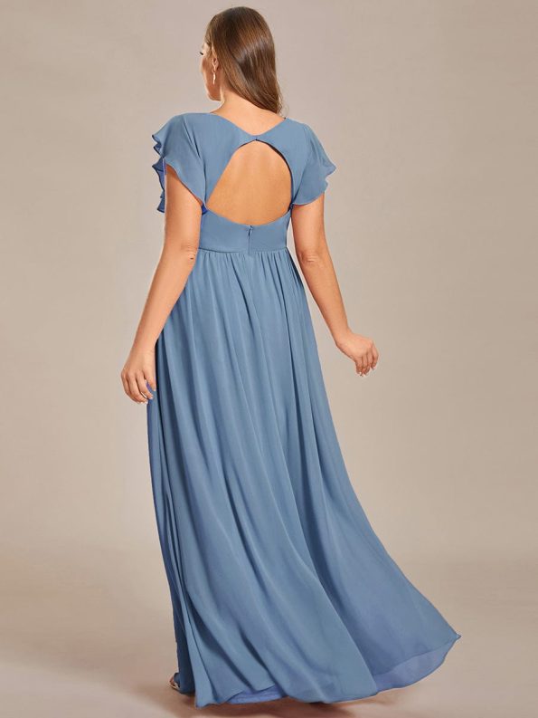 Back Cutout A-Line Pleated Ruffles Sleeve Chiffon Bridesmaid Dress - Dusty Navy